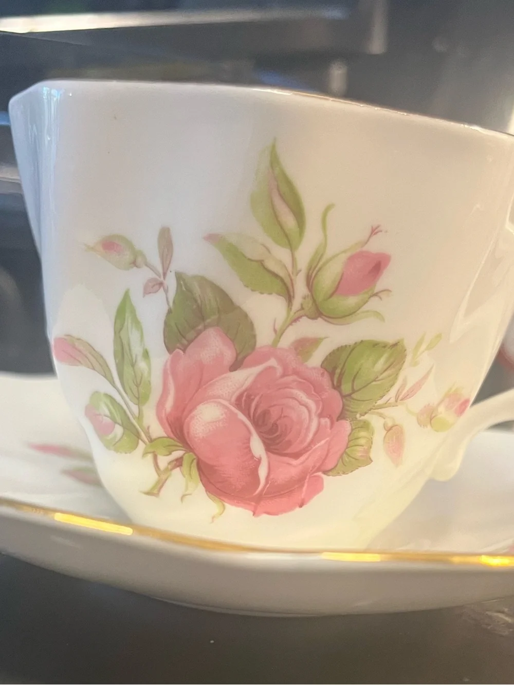 Porcelain Tea Cup & Saucer Set with Pink Rose Design and Gold Trim